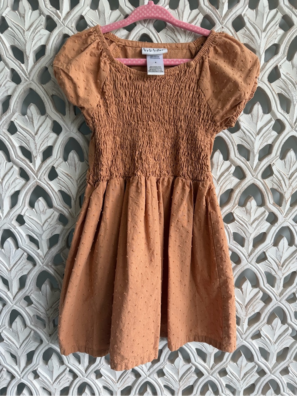 Nicole Miller Rust Orange Smocked Puff-Sleeve Girls' Dress